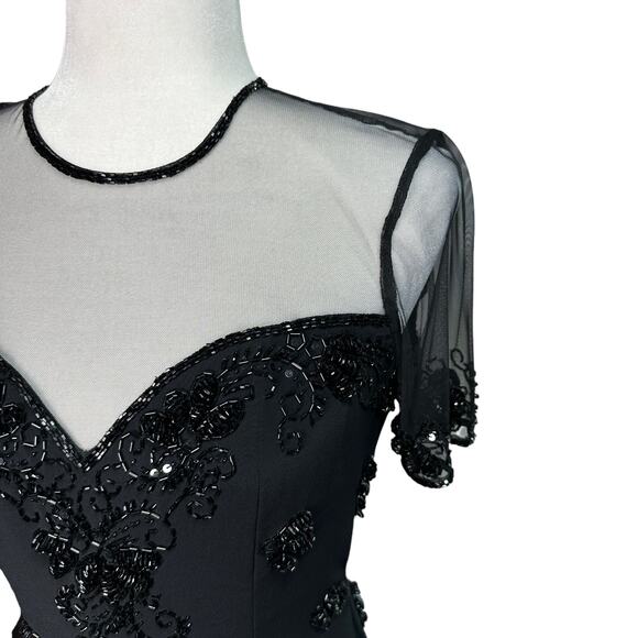 BLACK TIE Womens 4 Black Vintage Beaded Short Sleeve Cocktail Dress OLEG CASSINI - Picture 4 of 11